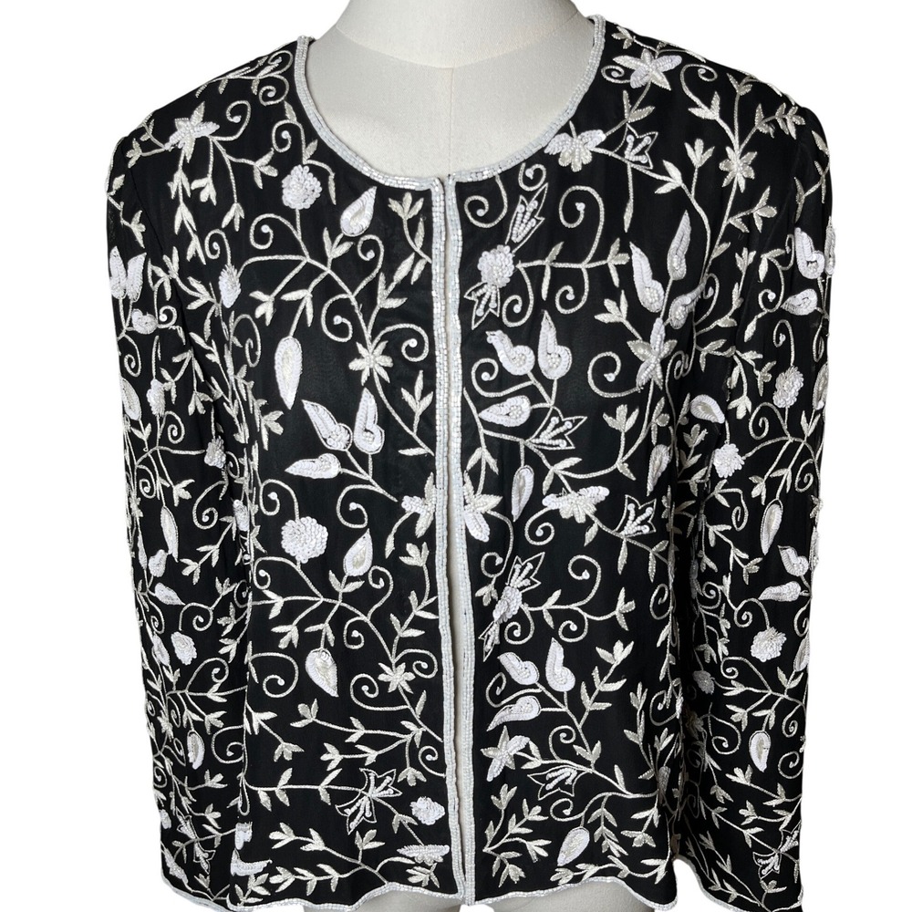 Beaded Floral Silk‎ Evening Jacket Black White Drapers & Damon's Petites 16P